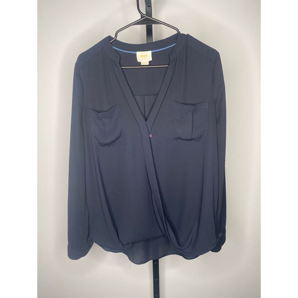 Maeve by Anthropologie blouse women's size 4 navy blue semi-sheer long sleeve